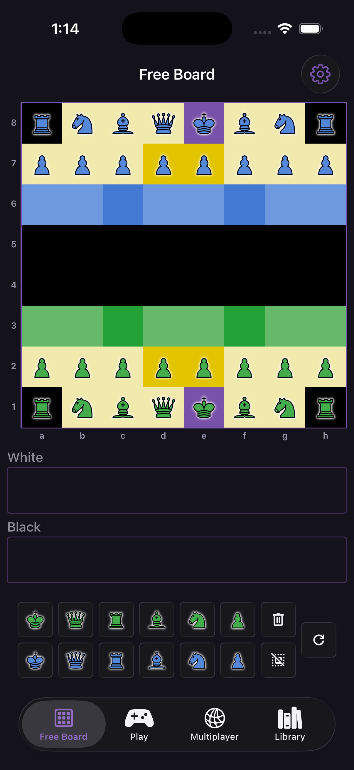 The Board Control Free Board, with every square colored by which side attacks it